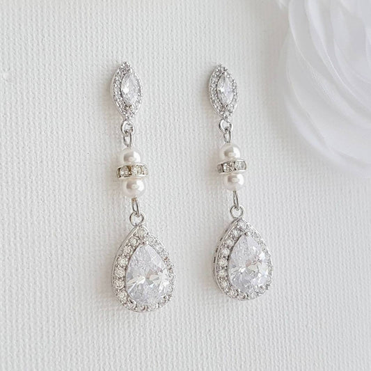 CZ & Pearl Wedding Drop Earrings for Brides-Ella