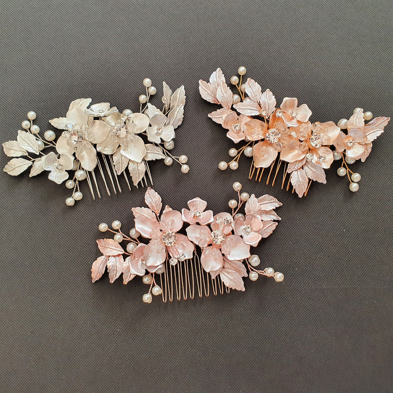 Rose Gold Flower and Leaf Hair Comb for Weddings- Azalea