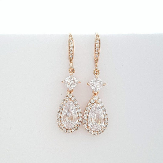 Rose Gold Earrings, Wedding Earrings, Crystal Drop Bridal Earrings, Cubic Zirconia, Gold, Dangle Earrings, Bridal Jewelry, Lena