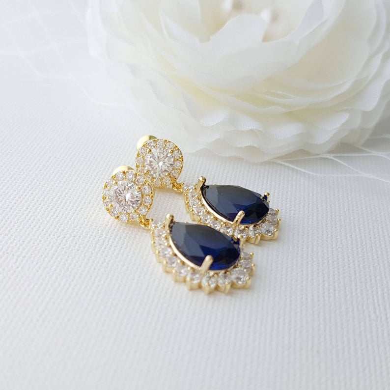 Blue and Gold Clip On Earrings for Brides-Aoi