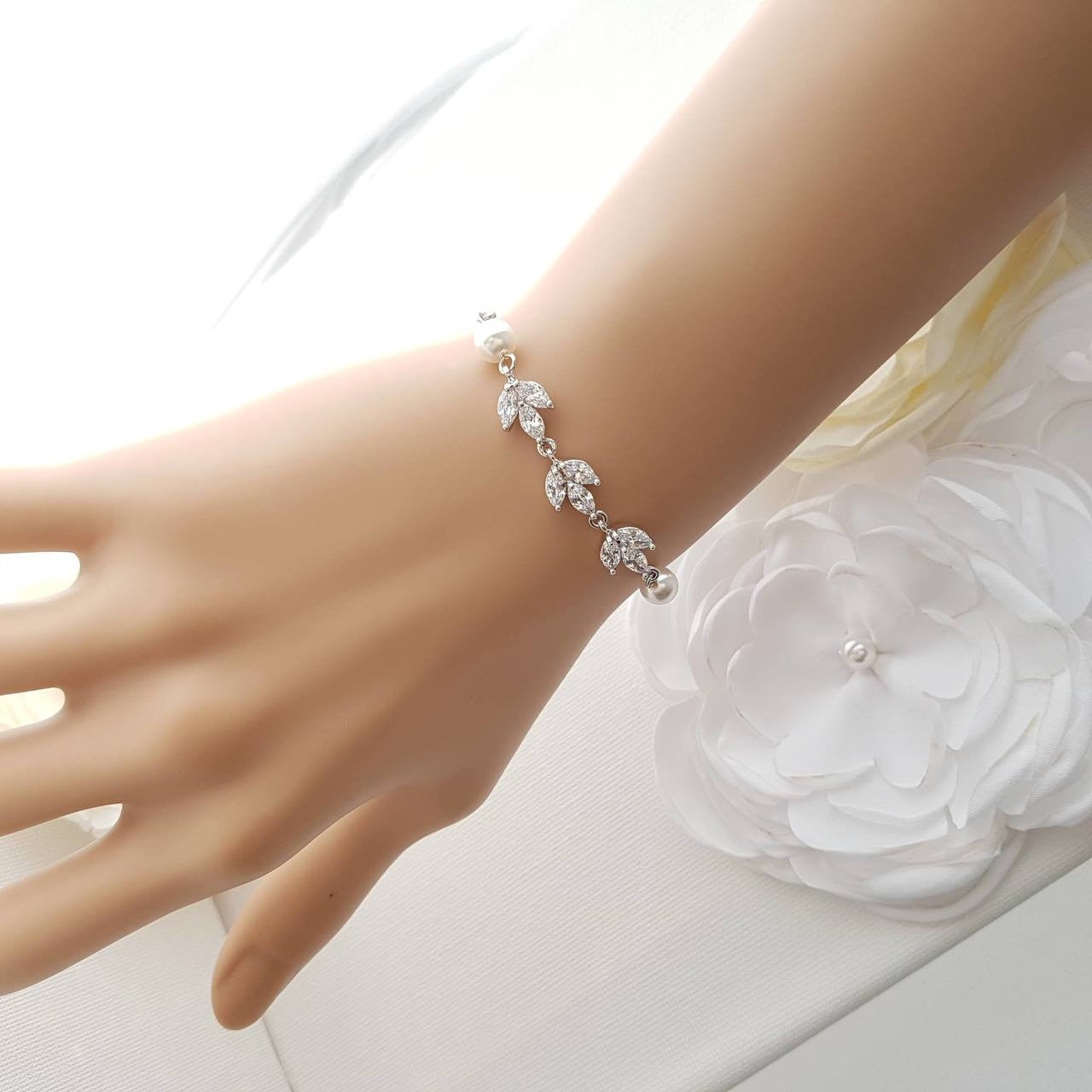 CZ & Pearl Bracelet for Bride in Silver, Gold & Rose Gold-Leila