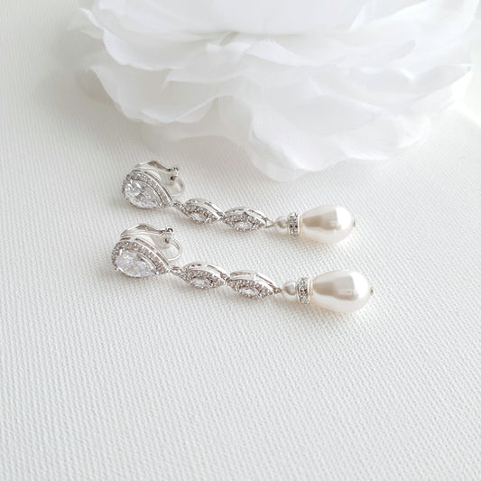 Pearl Drop Clip On Earrings in Silver-Abby