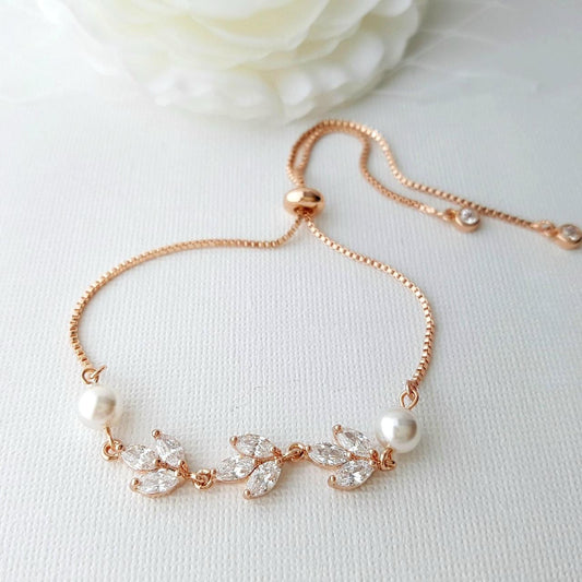 Bridal Bracelet in Rose Gold With CZ & Pearl-Leila