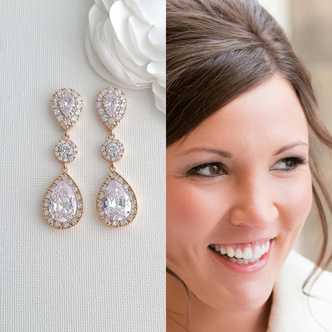 Teardrop Rose Gold Bridal Earrings-Penelope