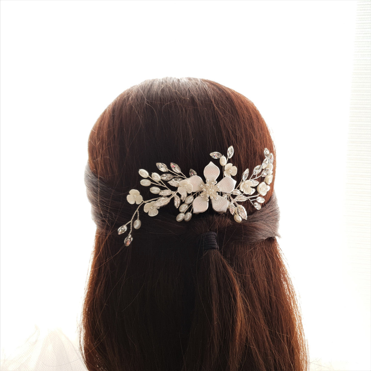 Jewelled Rose Gold Bridal Hair Comb with Pearl & Crystal Leaves-Freya