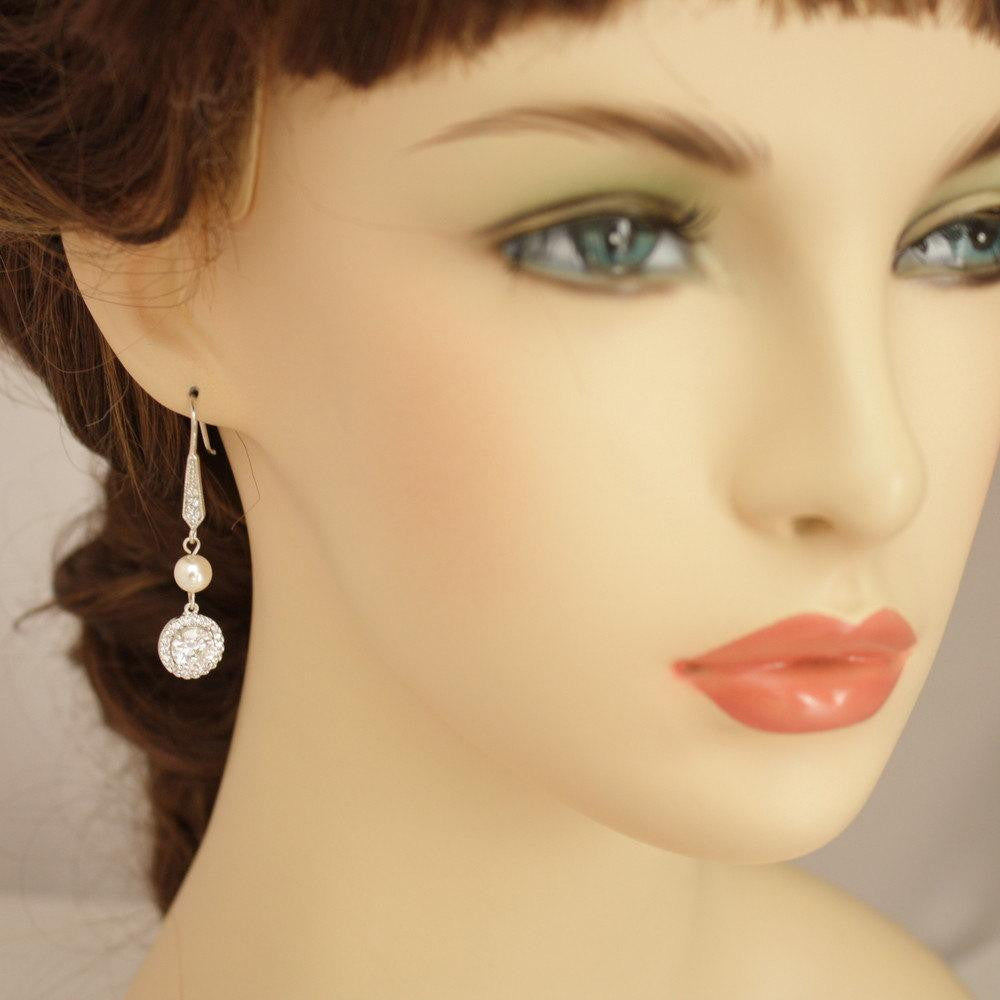 Bridal Pearl Drop Earring, Wedding Pearl Jewelry Cubic Zirconia Pearl Drop Earrings Silver  Pearl Wedding Jewelry