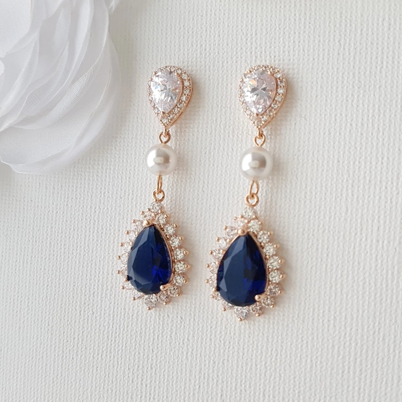 Blue Crystal Drop Earrings with Pearls For Brides, Weddings- Poetry Designs
