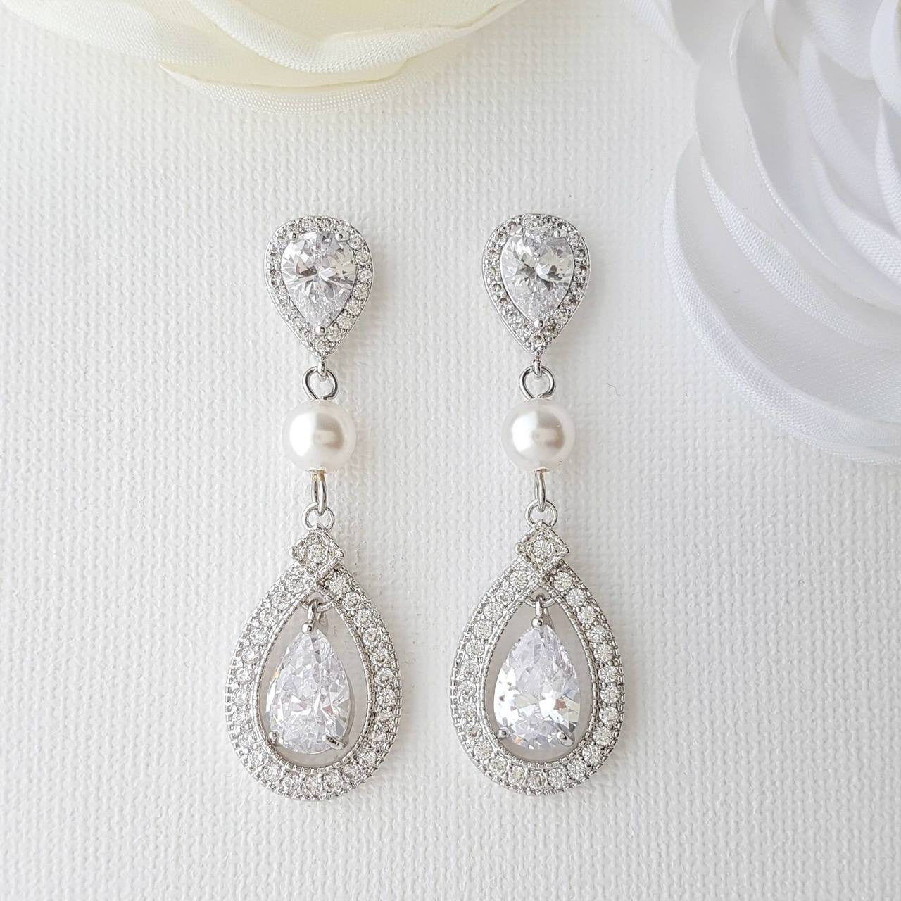 Crystal CLIP ON Wedding Earrings Bridal Earrings Cubic Zirconia  Pearl Rose Gold Halo Style Drop Earrings Bridal Jewelry, Sarah