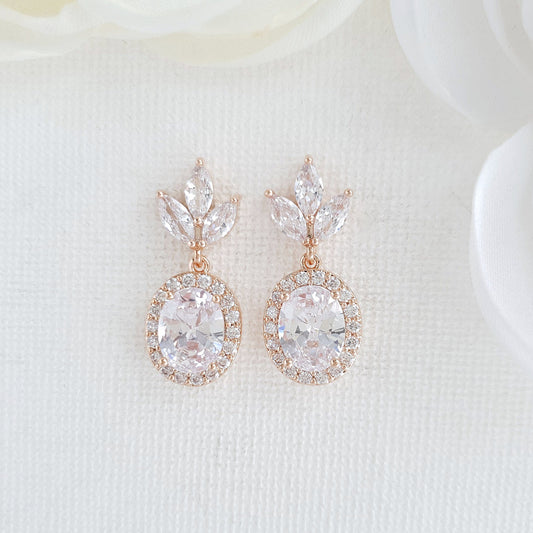 Small Bridal Earrings With Oval Crystals & Rose Gold- Emily