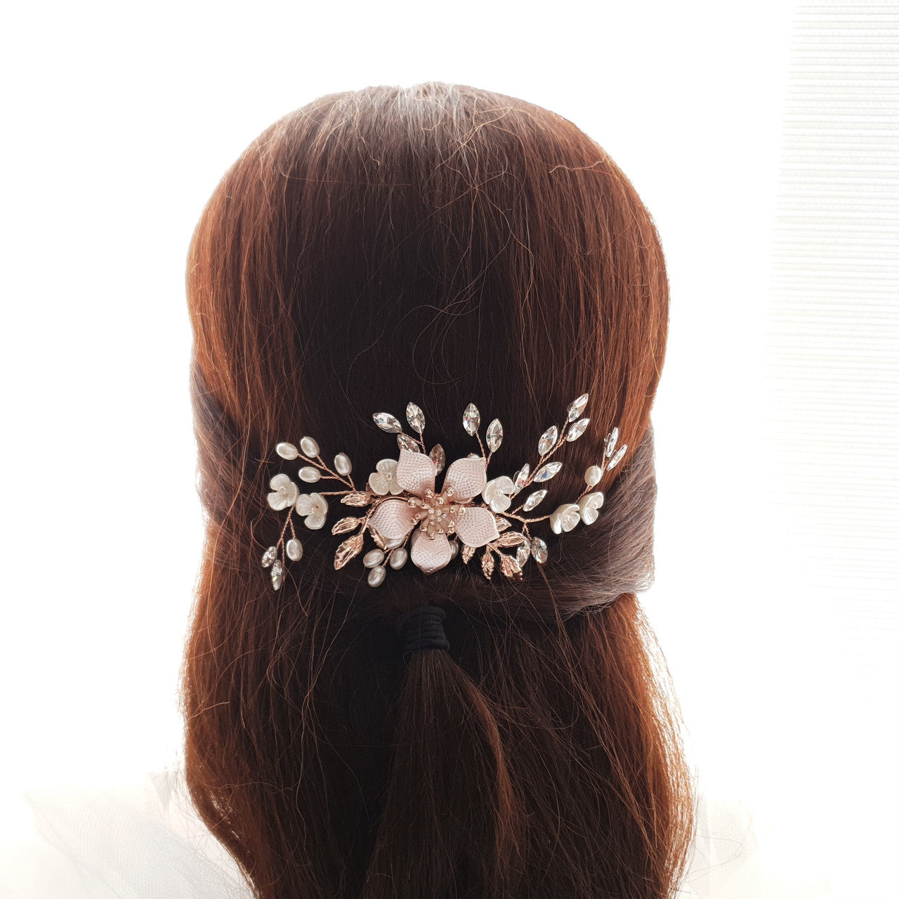 Jewelled Rose Gold Bridal Hair Comb with Pearl & Crystal Leaves-Freya