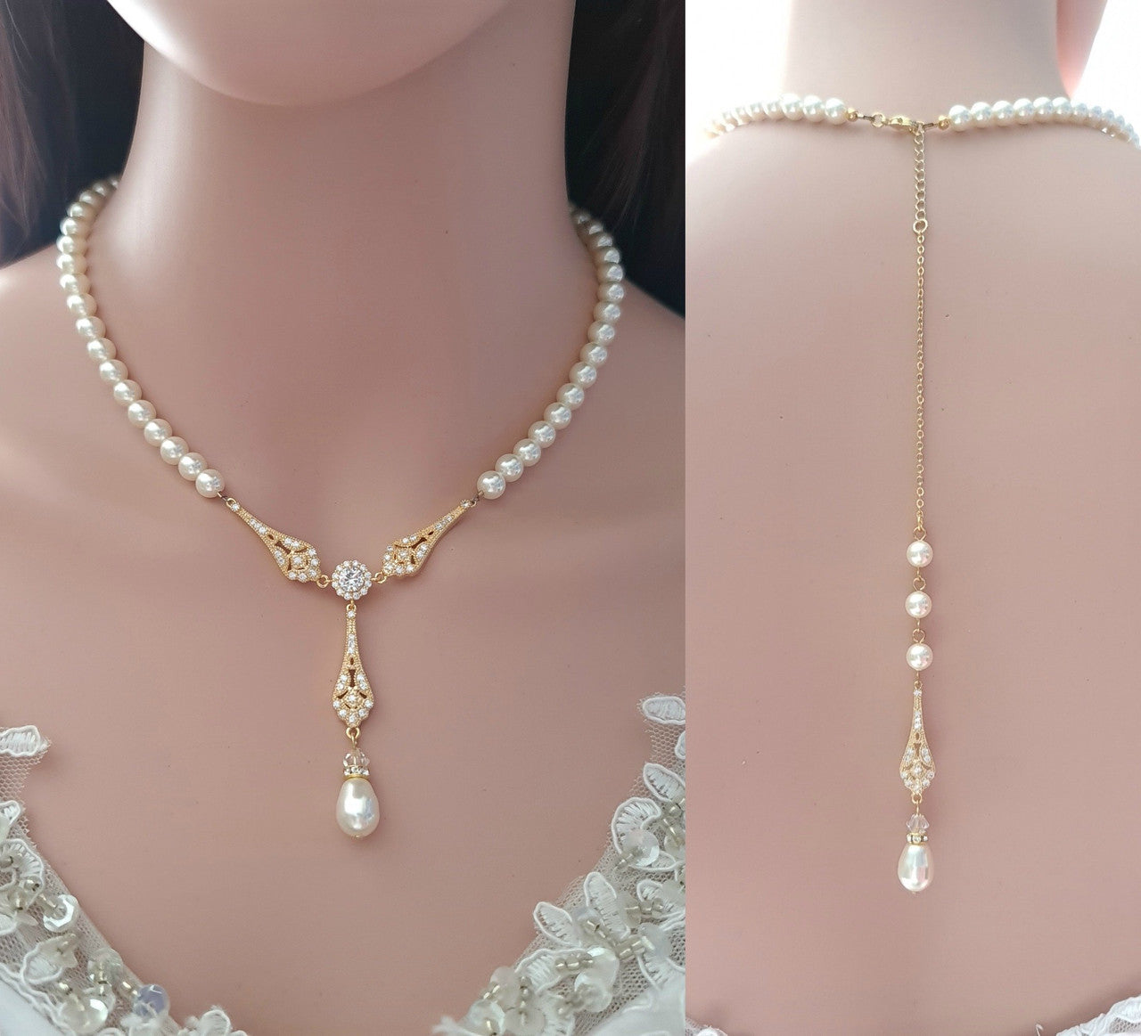 Gold Pearl Necklace and Earring Set with Bracelet for Wedding-Lisa