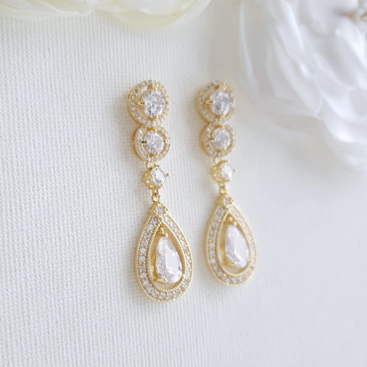 14k Gold Plated Cubic Zirconia Bridal Earrings- Sarah