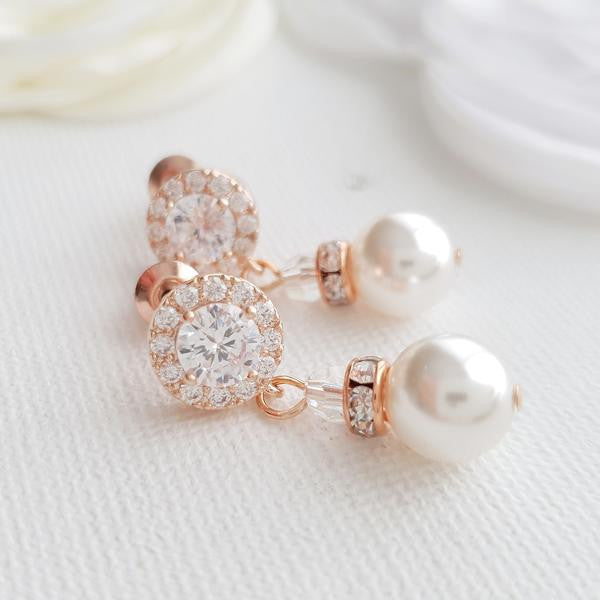 Rose Gold Drop Pearl Earrings for flower girls