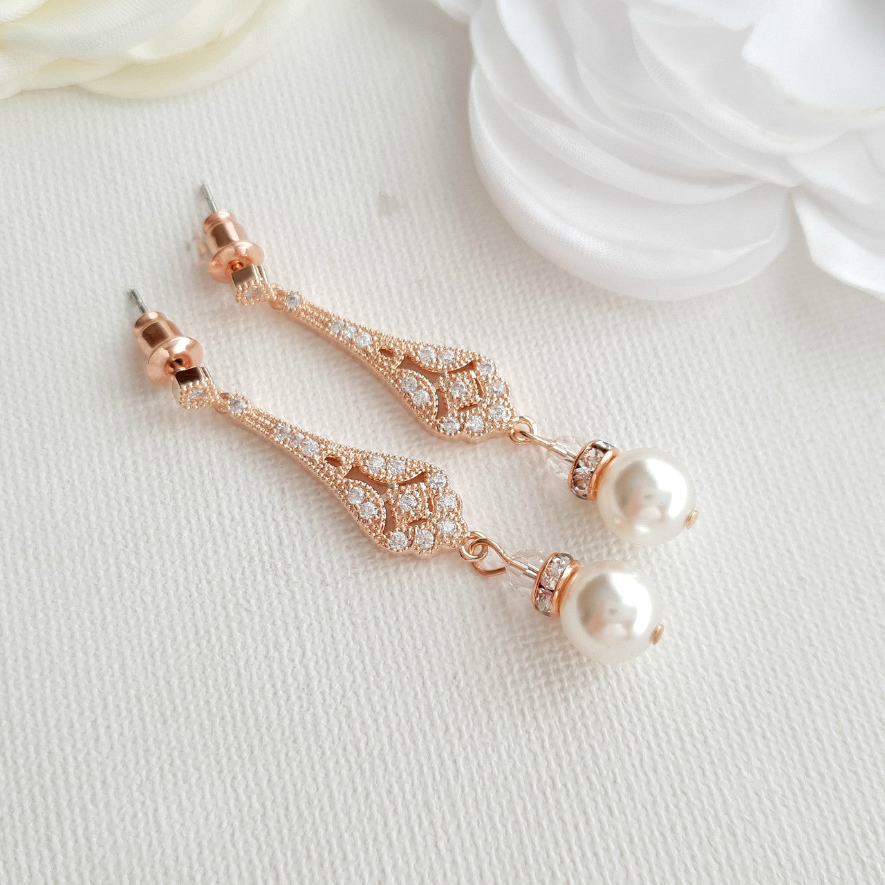 Vintage Style Rose Gold Bridal Earrings-Lisa
