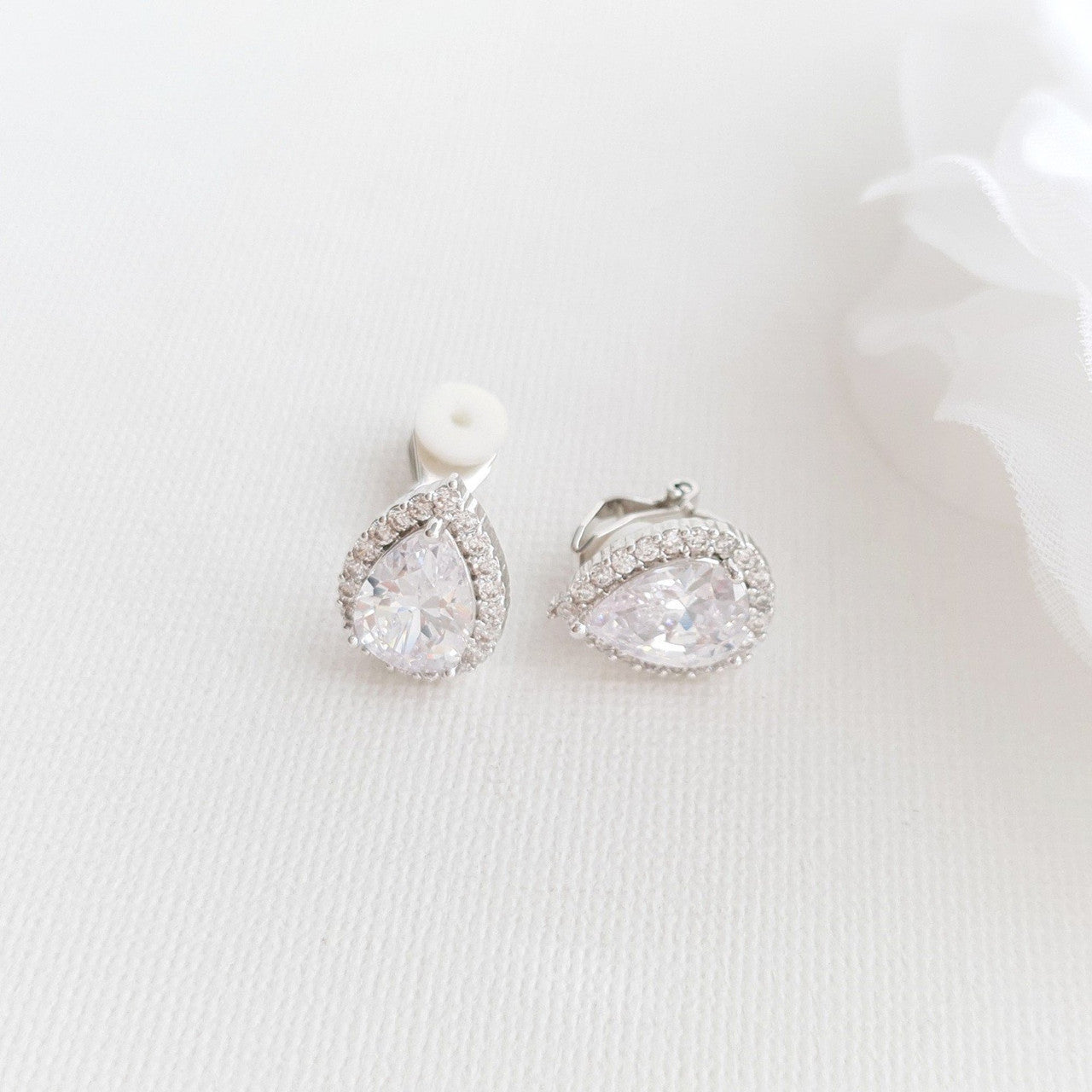 Gold Clip On Earrings in Teardrop CZ for Brides Bridesmaids-Emma