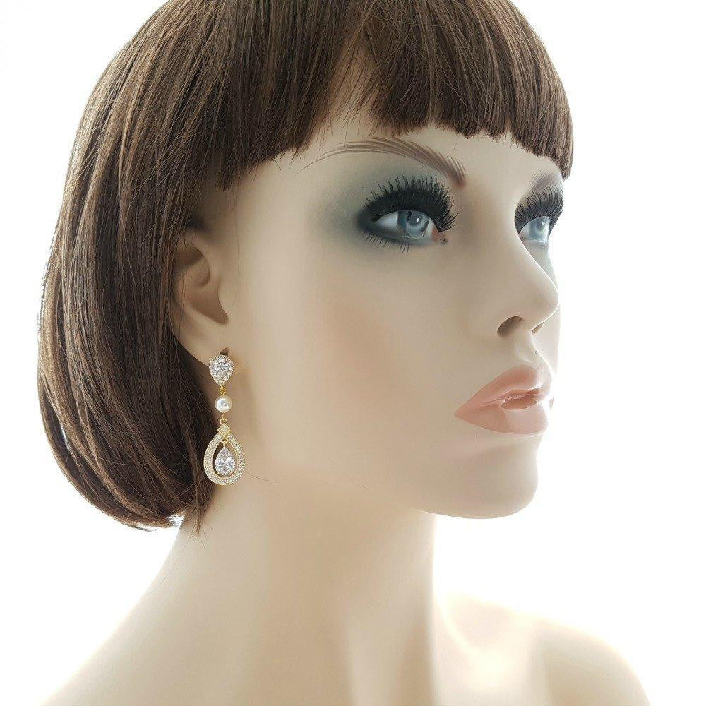 Rose Gold Bridal Earrings in Pearls & Cubic Zirconia-Sarah