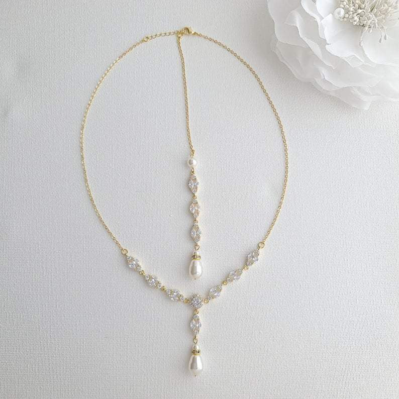 Bridal Back Necklace with Pearl & Crystal Backdrop for Weddings- Hayley