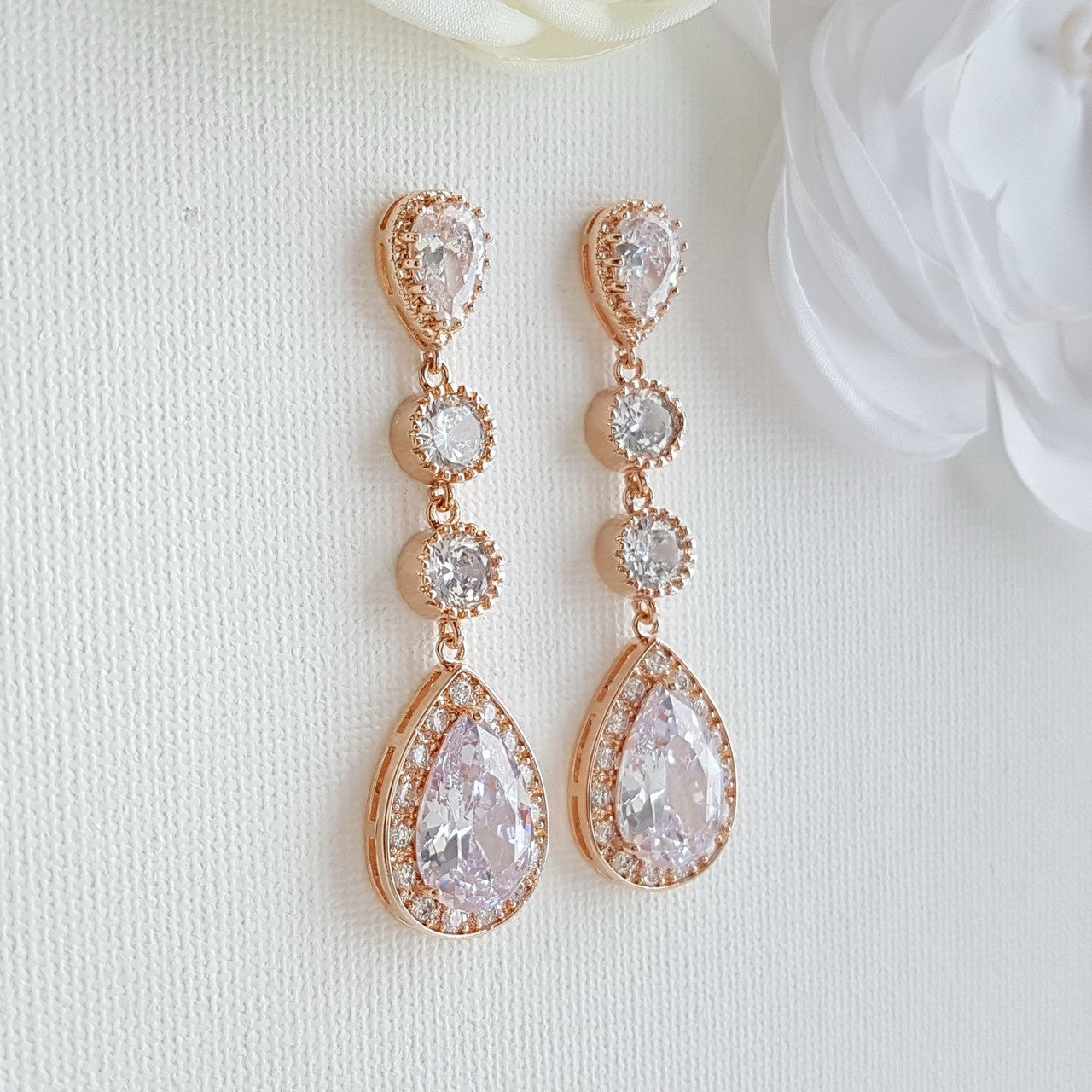 Rose Gold Long Drop Wedding Earrings-Evana