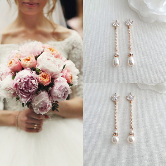 Skinny Long Pearl Drop Earrings in Rose Gold -Jodi