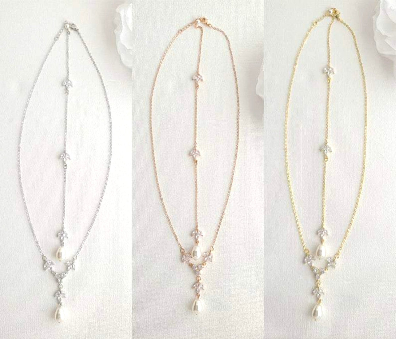 Simple Bridal Jewellery Set-3 Pcs- Silver & Pearl- Leila