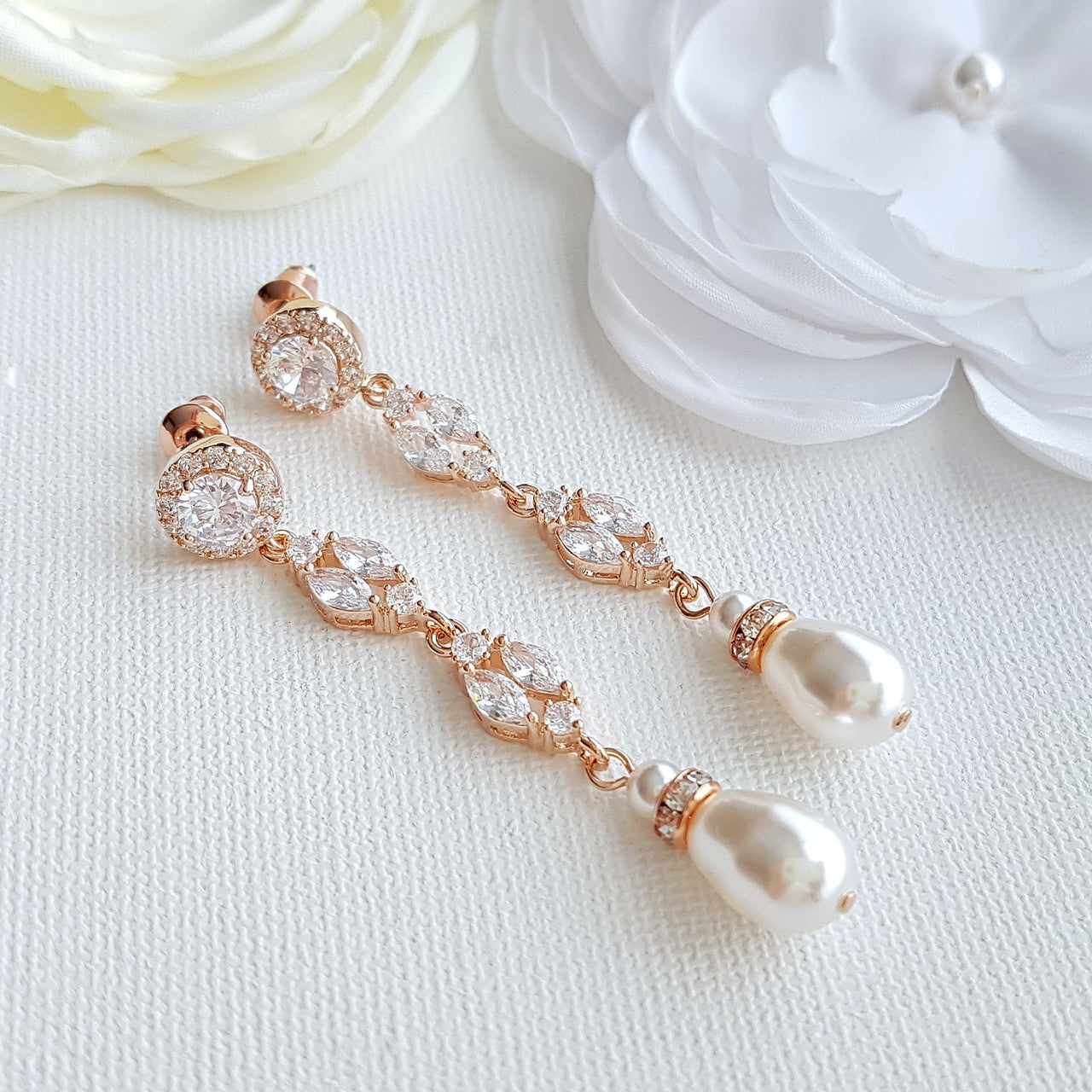 long rose gold pearl drop earrings for Brides- Poetry Designs