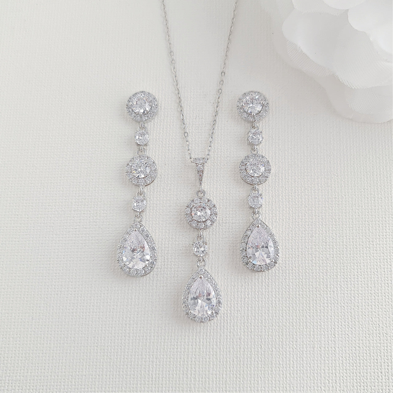 Long Bridal Earrings with Long Drop Pendant Necklace Set-Reagan