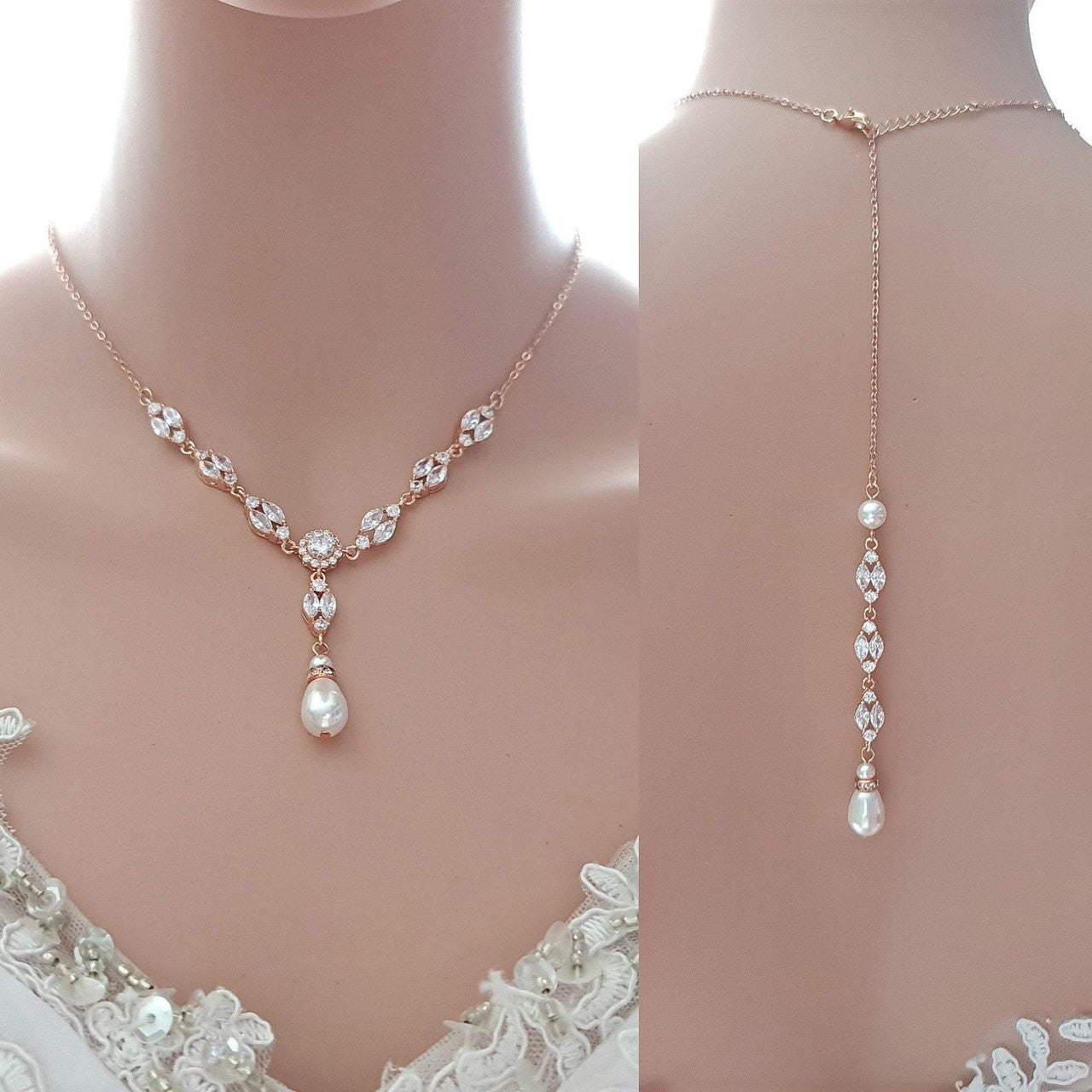 Gold Wedding Necklace With Backdrop in Pearls and Crystals-Hayley