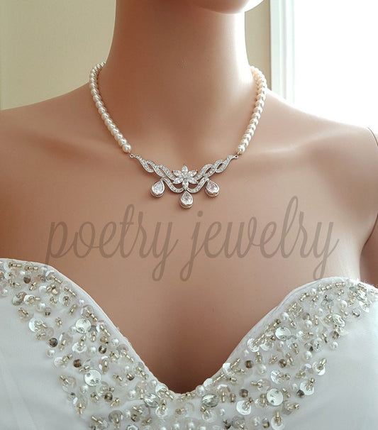 Wedding Necklace Pearl Crystal, Crystal Bridal Necklace,  Pearl Necklace, CZ Pendant, Necklace for Wedding, Bridal Jewelry, Astra