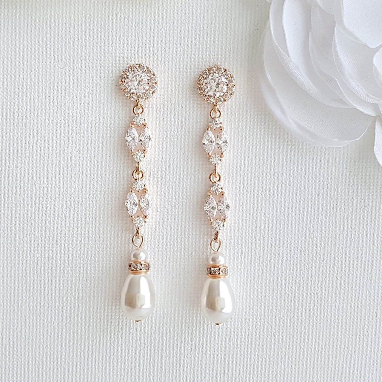Long Rose Gold Pearl Drop Earrings- Hayley