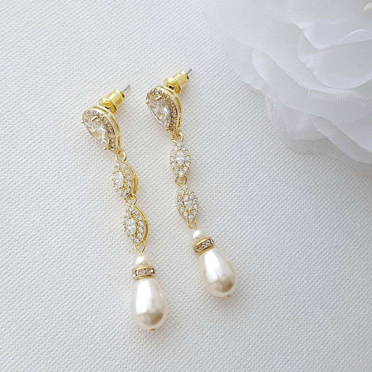 Slim Gold and Pearl Drop Earrings-Abby