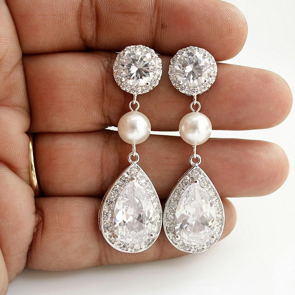 Pearl and Crystal Drop Earrings-Evita