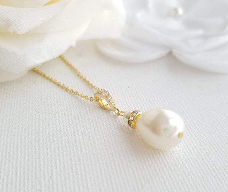ivory pearl necklace with Gold tone- Poetry Designs