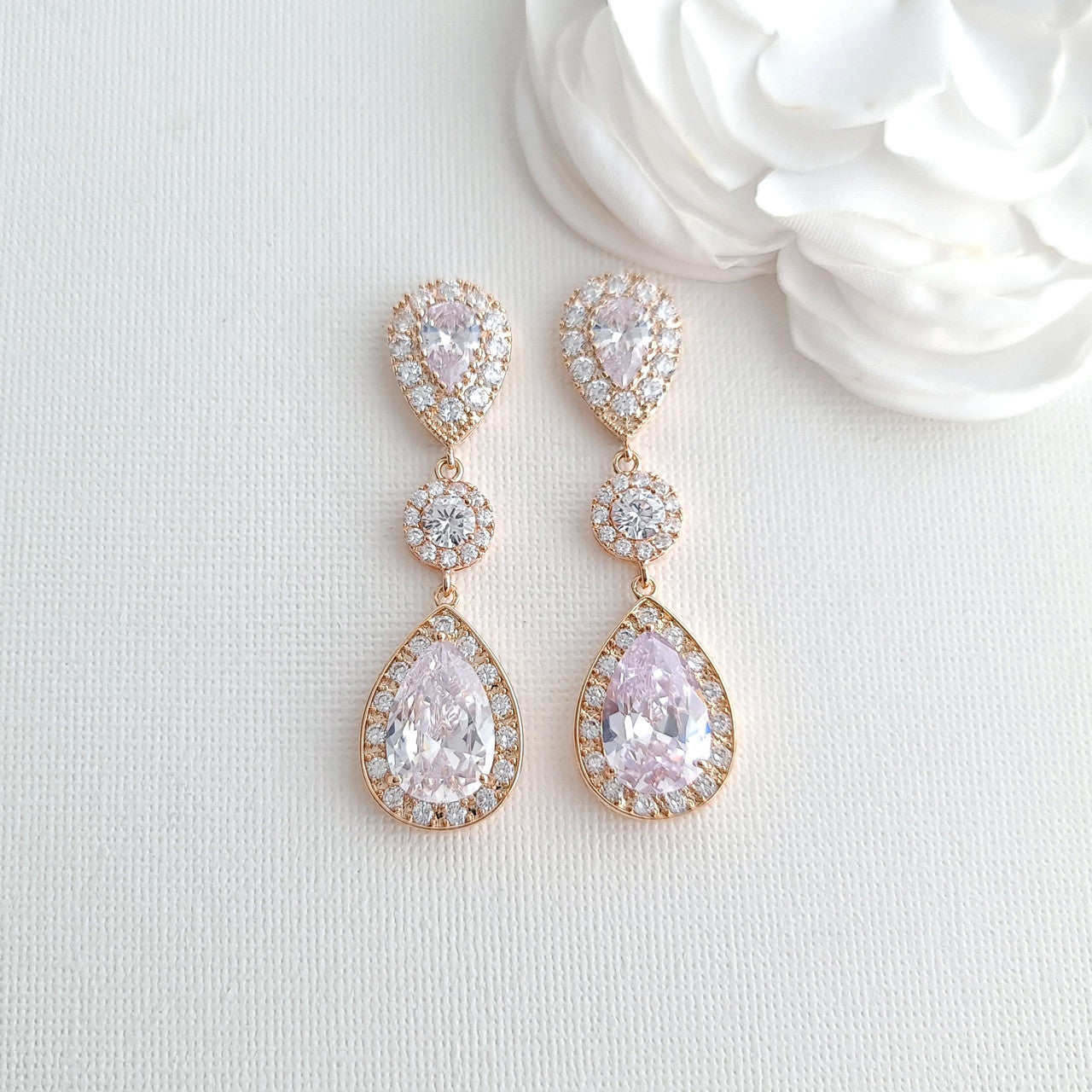 Teardrop Rose Gold Bridal Earrings-Penelope