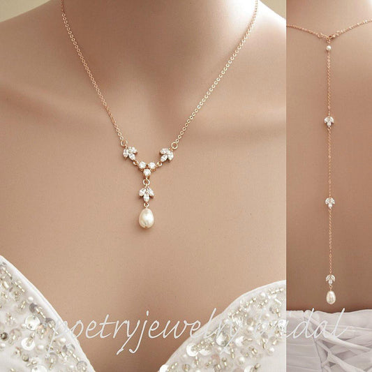 Rose Gold Bridal Backdrop Necklace-Leila