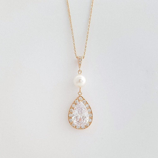 Cubic Zirconia & Pearl Teardrop Necklace for Weddings-Evita