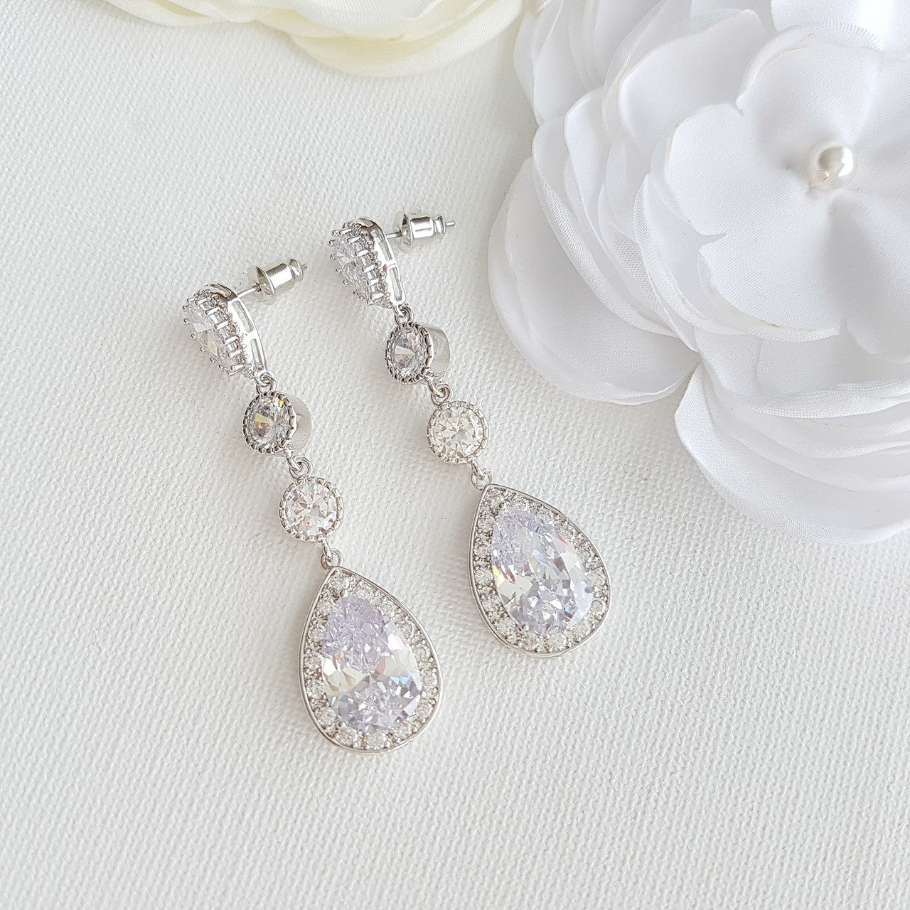 Long Bride Earrings Silver- Evana