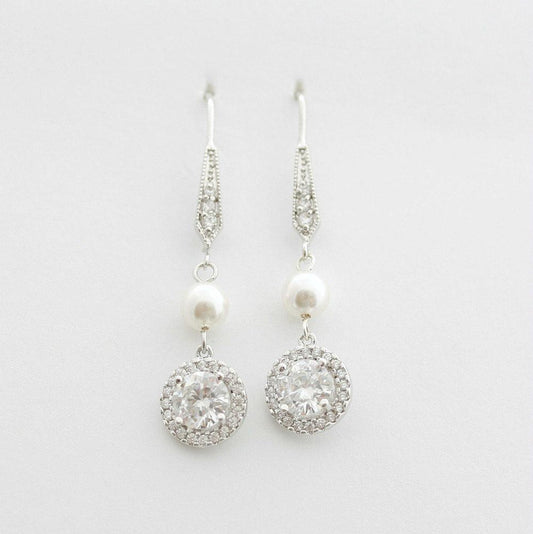 Bridal Pearl Drop Earring, Wedding Pearl Jewelry Cubic Zirconia Pearl Drop Earrings Silver  Pearl Wedding Jewelry