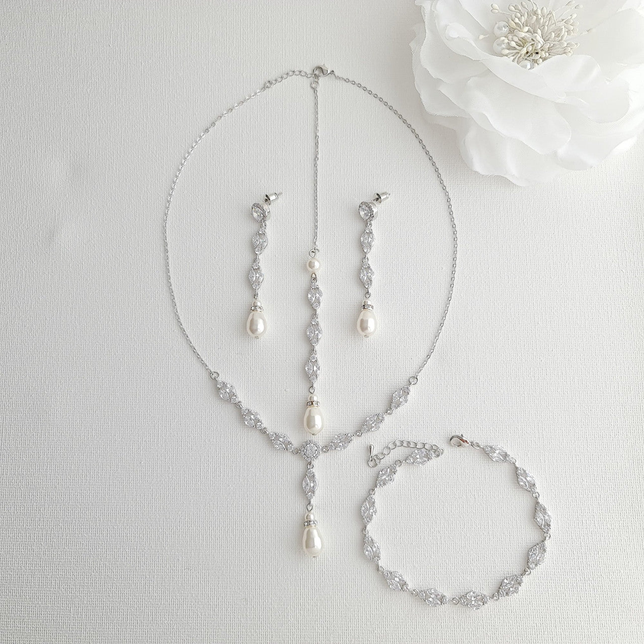 Gold Bridal Jewellery Set with Pearl Crystal Earrings Back Necklace Bracelet Set-Hayley