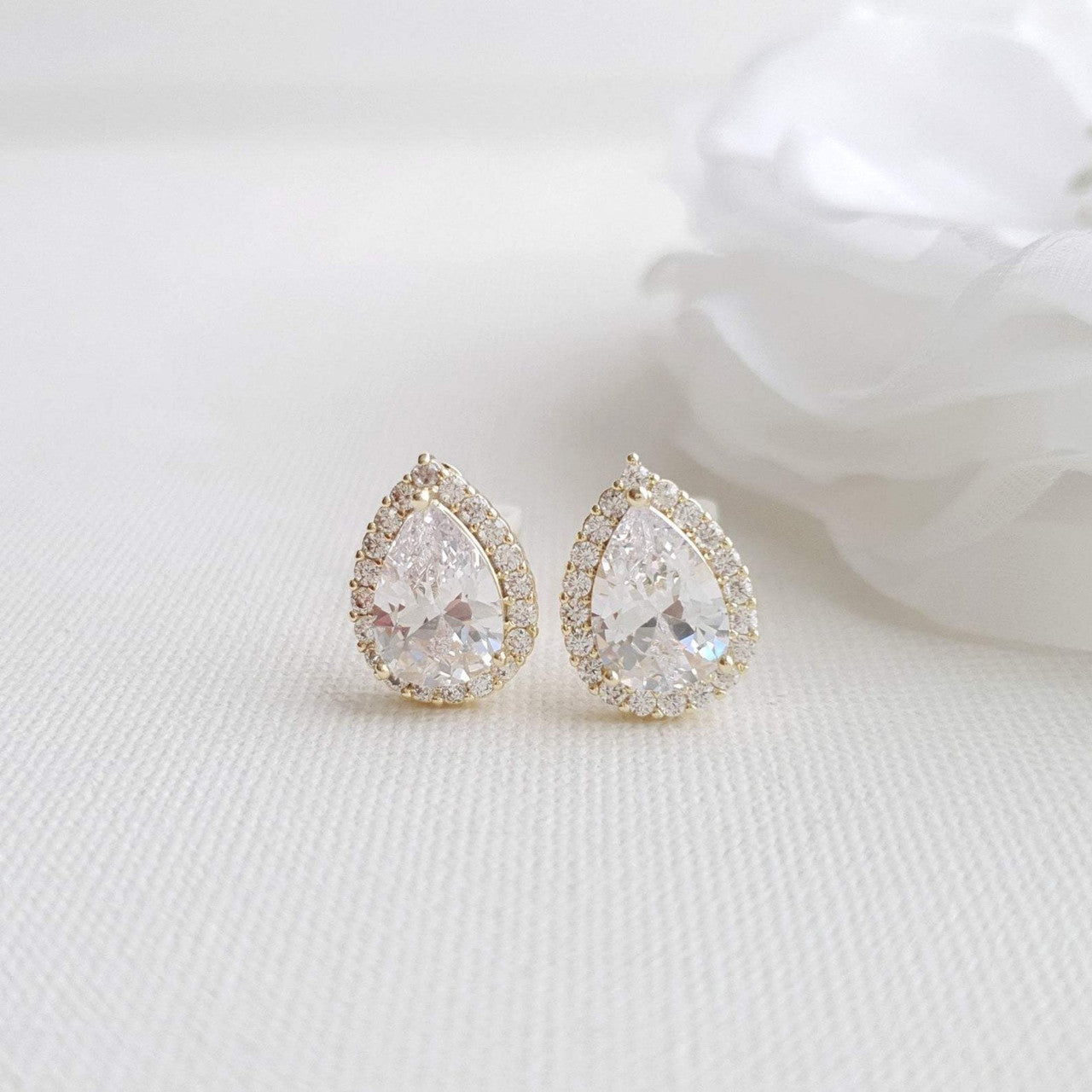 Gold Clip On Earrings in Teardrop CZ for Brides Bridesmaids-Emma