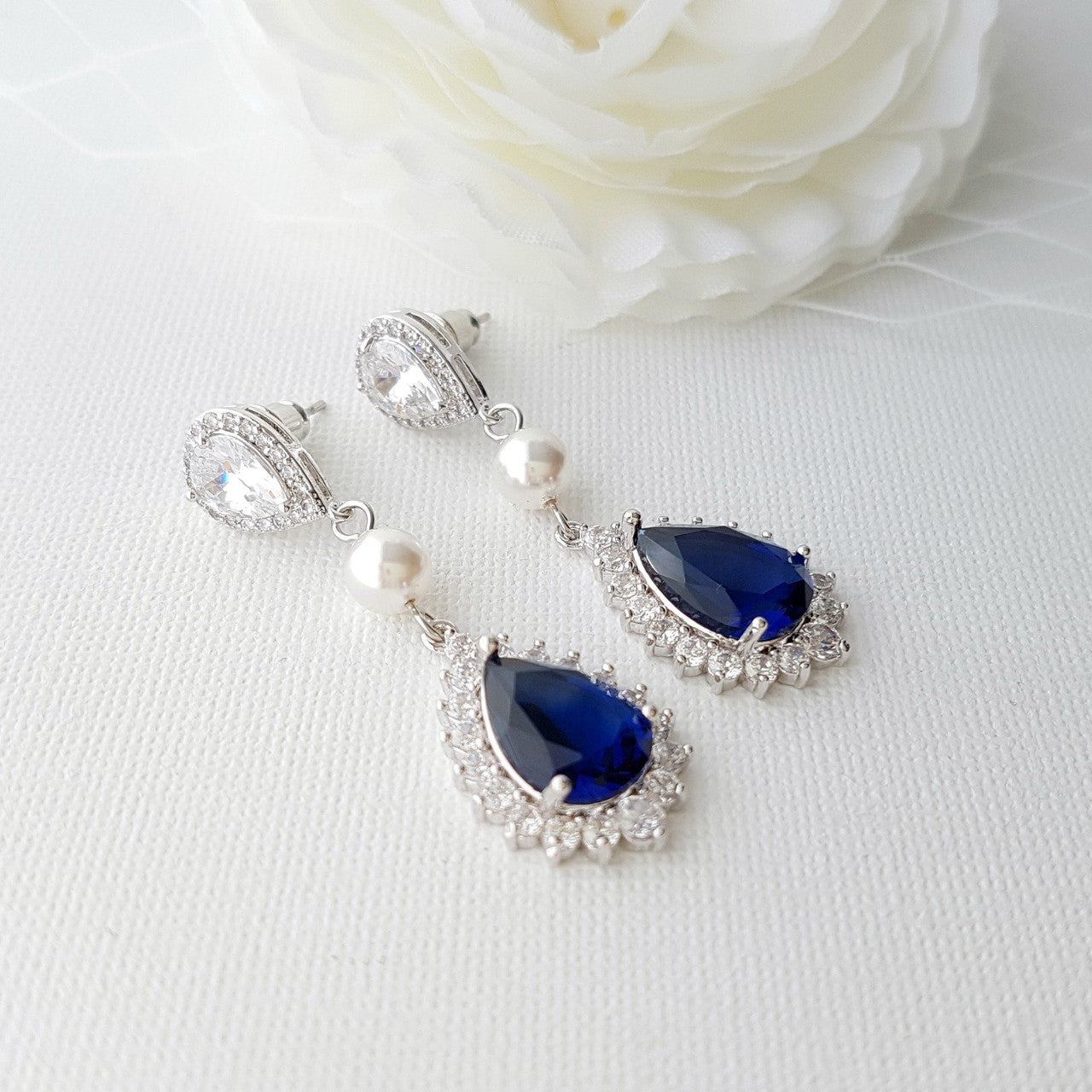 Blue and Silver Crystal Earrings with Pearls For Brides, Weddings, Events- Poetry Designs