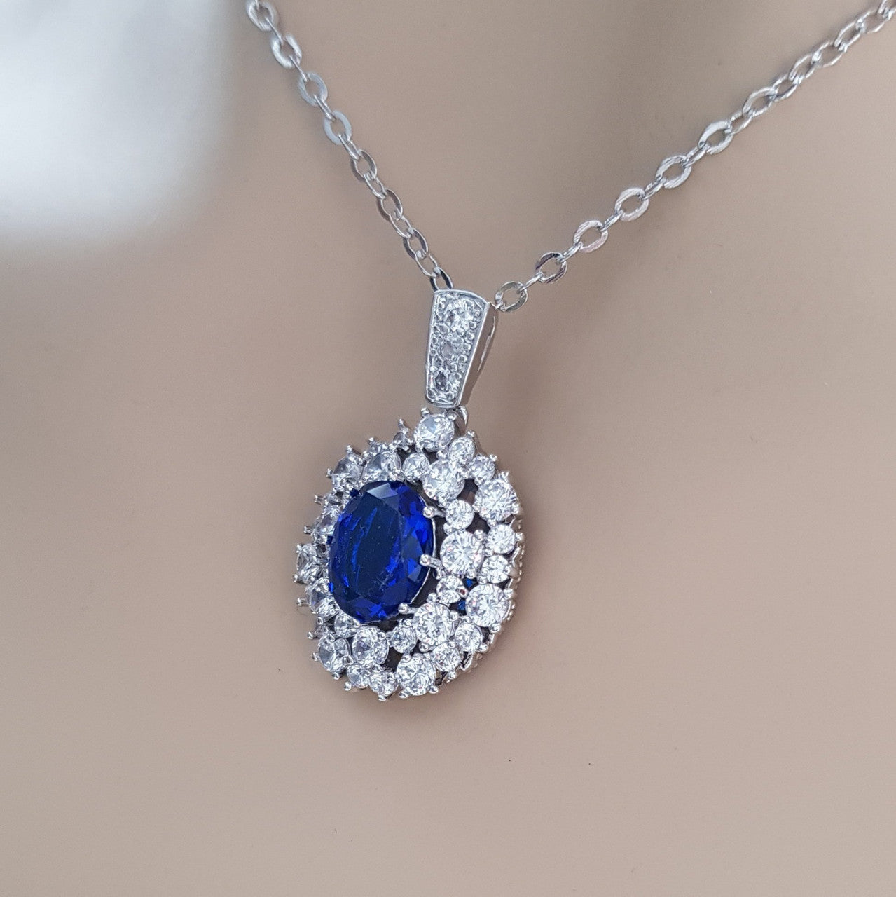 Sapphire Blue Oval Necklace Pendant- Indi