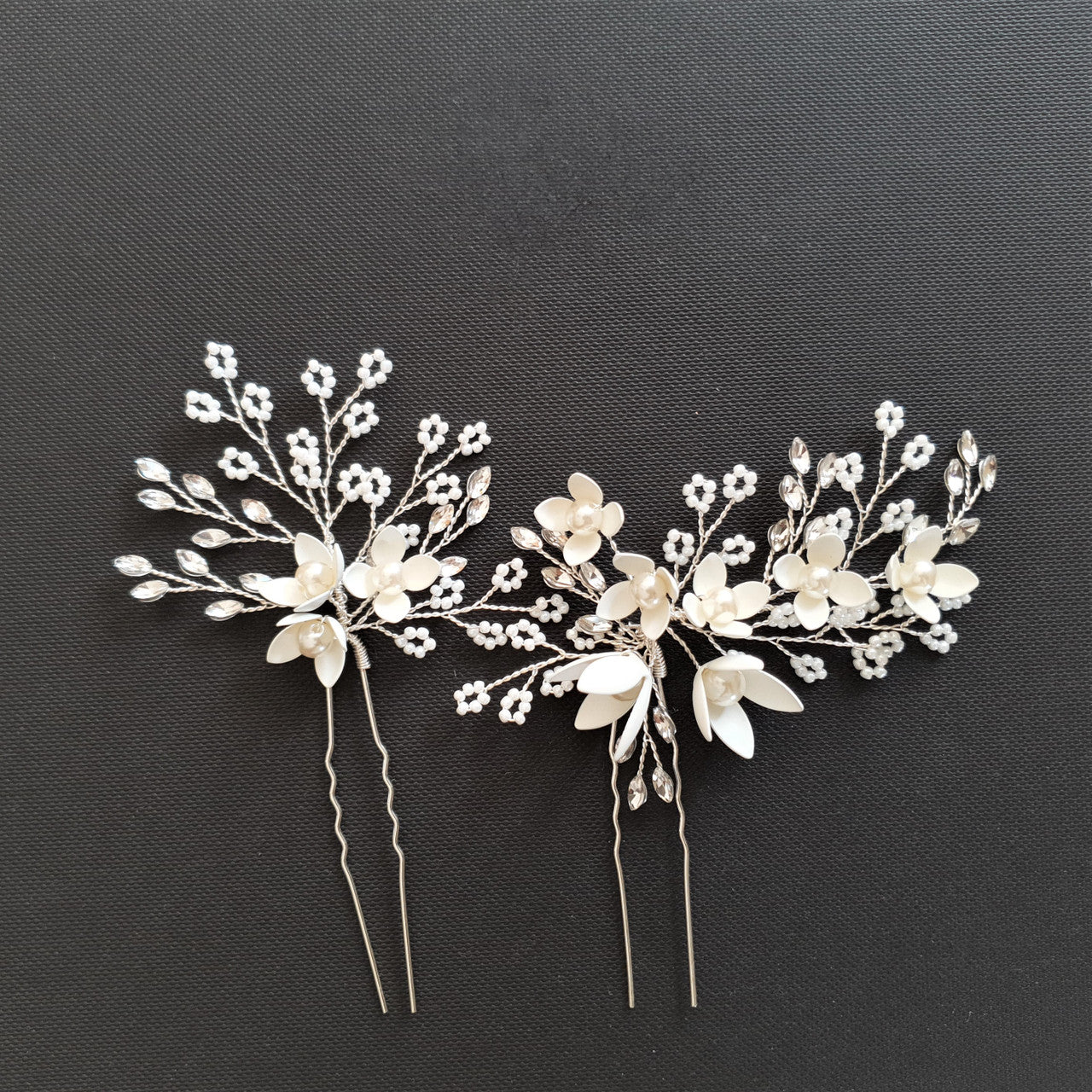 Small White Flowers Bridal Hair Pins With Pearls- Iris