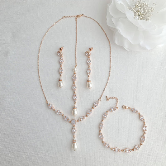 Rose Gold Back Jewellery Set with Necklace Bracelet Earrings for Weddings-Hayley