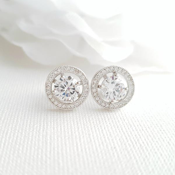 Gold Round Stud Earrings in Cubic Zirconia- Denise