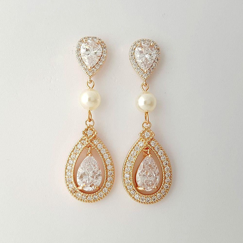 Rose Gold Bridal Earrings in Pearls & Cubic Zirconia-Sarah