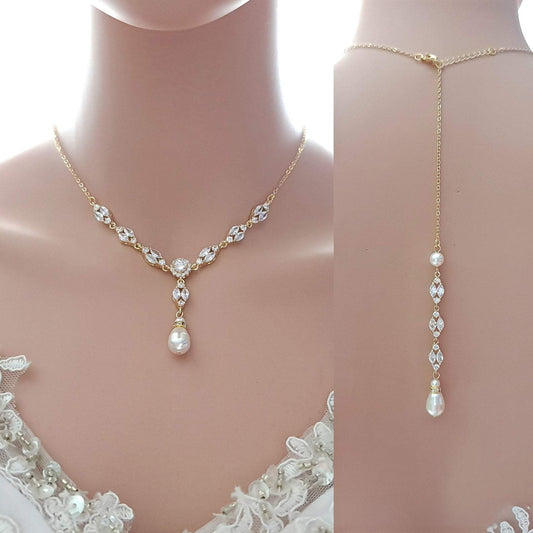 Gold Bridal Jewellery Set with Pearl Crystal Earrings Back Necklace Bracelet Set-Hayley