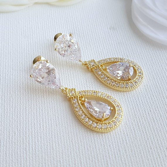 Gold Crystal Drop Earrings Weddings- Sarah