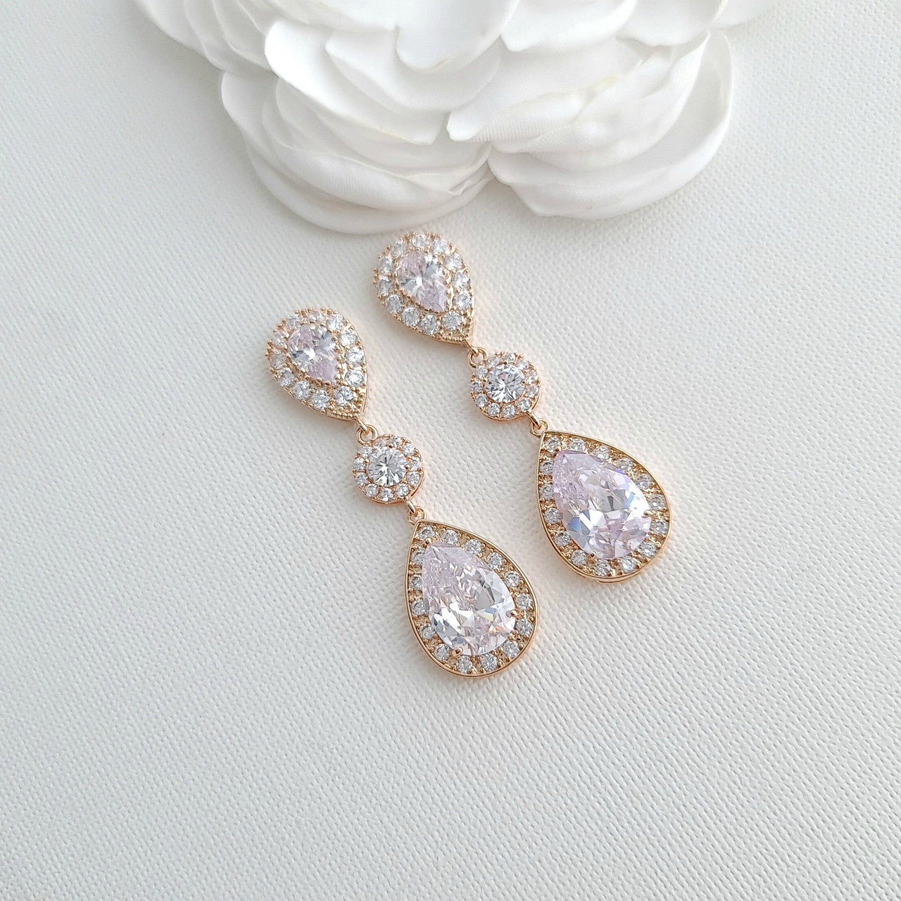 Teardrop Rose Gold Bridal Earrings-Penelope