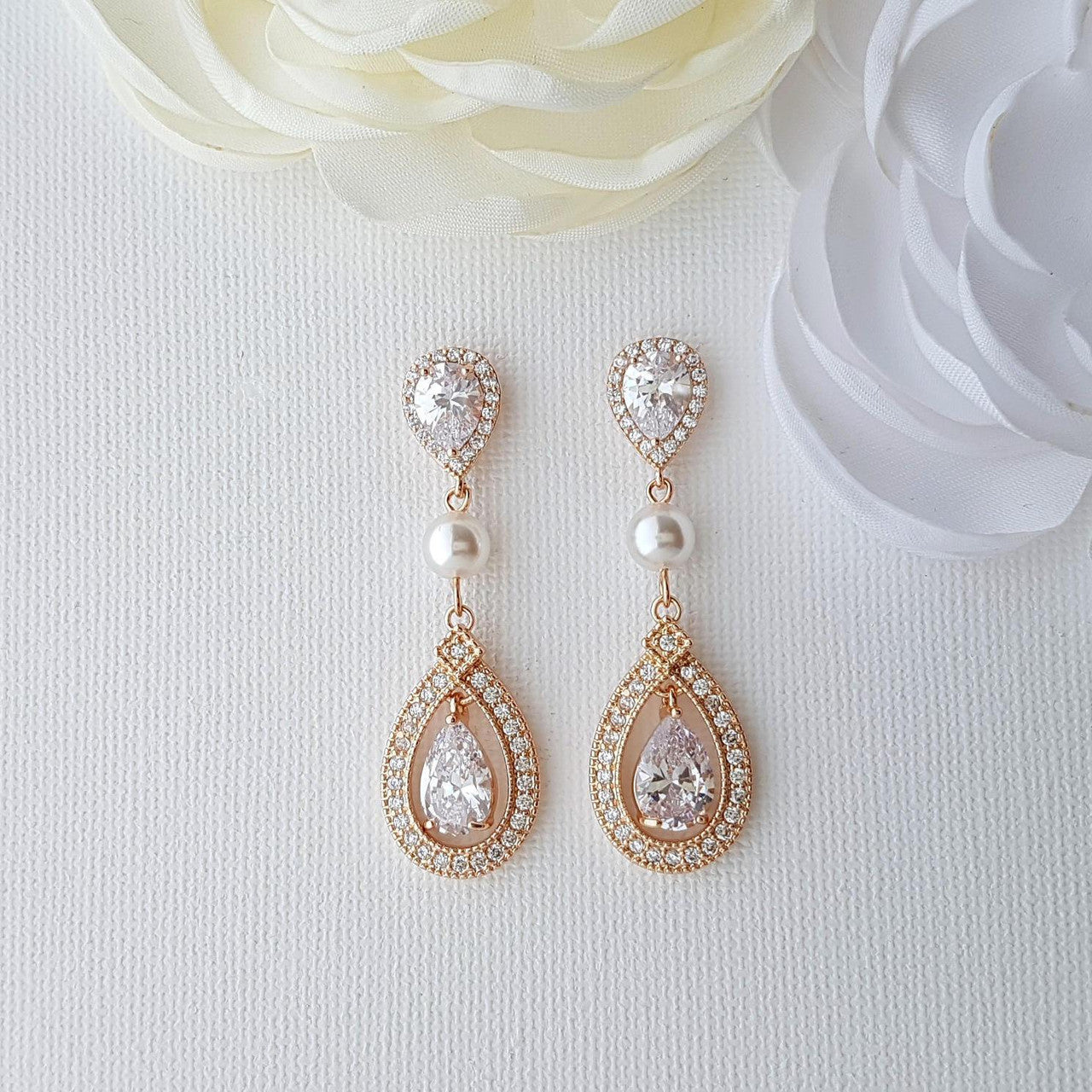 Crystal Wedding Earrings With CZ &  Pearl- Sarah