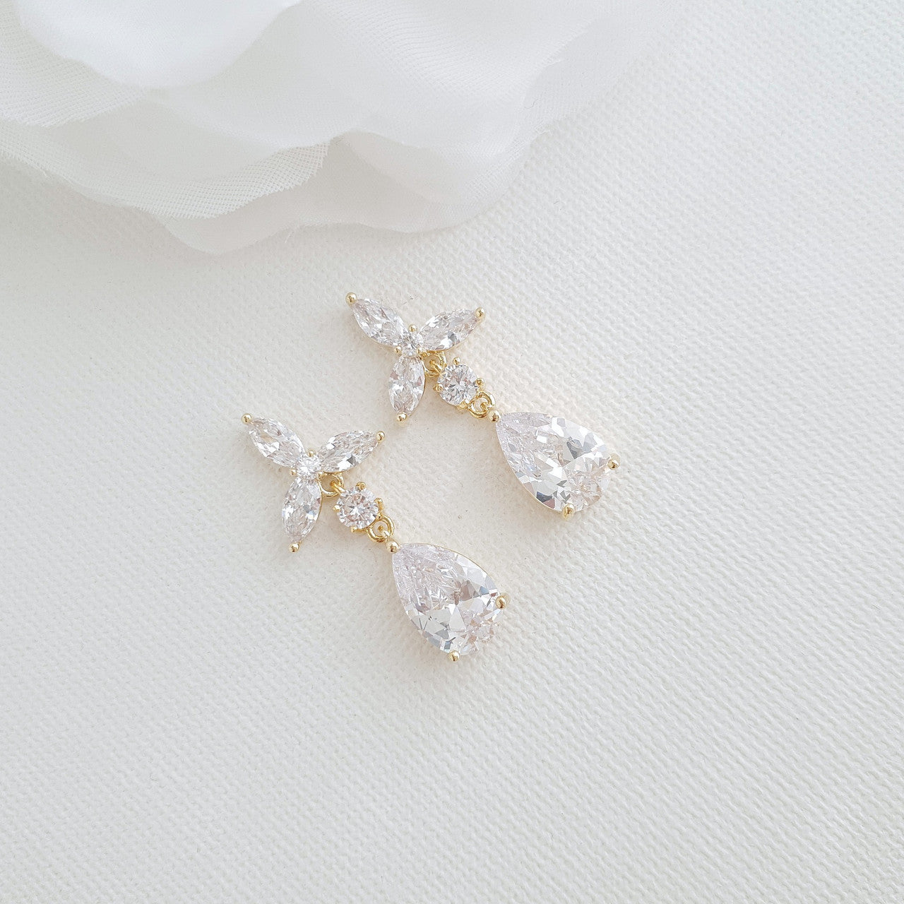 Gold Flower Drop Earrings In Crystals-Flora